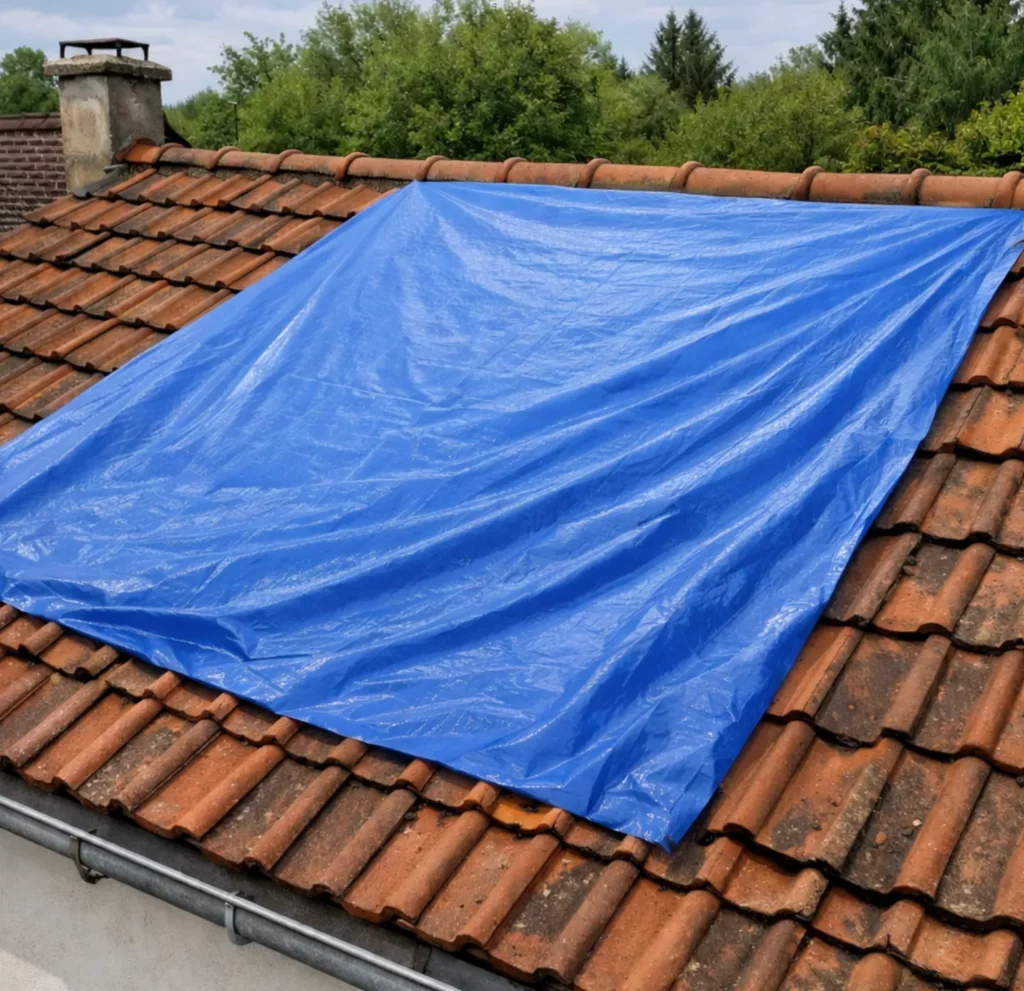 Pose de bâche sur toiture après fuite
